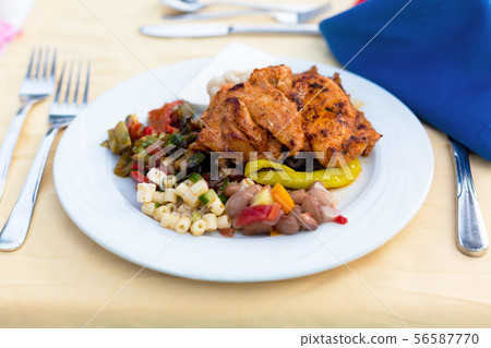 Plate of food for dinner at the hotel. Plate of food for dinner at the hotel. 56587770