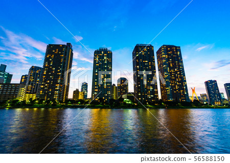 Night view of high-rise apartments around Kashiwajima after the typhoon 56588150