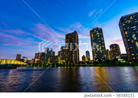 Night view of high-rise apartments around Kashiwajima after the typhoon 56588151