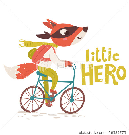 Vector card with Little hero lettering and fox character riding a bike. Vector card with Little hero lettering and fox character riding a bike. 56589775