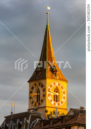 Zurich. Old medieval tower with a city clock. Zurich. Old medieval tower with a city clock. 56590204