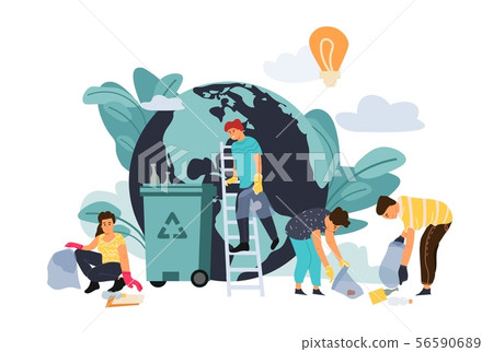 Recycling concept. Cartoon characters protect environment, sorting plastic waste and disposal 56590689