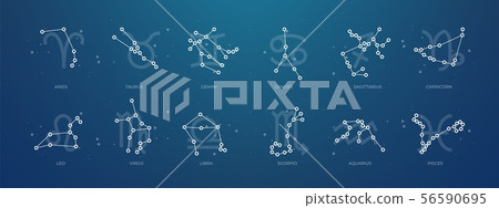 Zodiac constellations. Horoscope and astrology line symbols on dark background, zodiac celestial Zodiac constellations. Horoscope and astrology line symbols on dark background, zodiac celestial 56590695