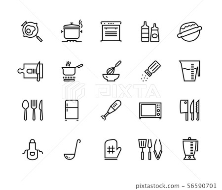 Kitchen line icons. Food cooking processes and kitchen utensils, outline pan pot and plate. Vector 56590701