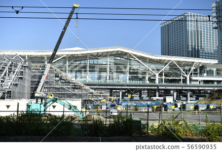 Tokyo cityscape in Japan See Takanawa Gateway Station under construction between Tamachi and Shinagawa Stations on Yamanote Line and Keihin Tohoku Line 56590935
