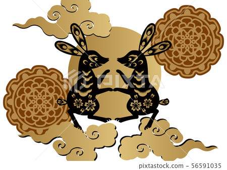 Mid-Autumn Festival clip art. Chinese-style moon viewing. Rabbit and moon cake. 56591035