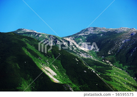在北阿爾卑斯山的俄羅斯聖路易斯(Kasugatake)之路俯瞰山頂。 在北阿爾卑斯山的俄羅斯聖路易斯(Kasugatake)之路俯瞰山頂。 56595575