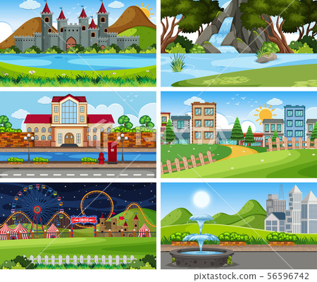 A set of outdoor scene including building - Stock Illustration ...