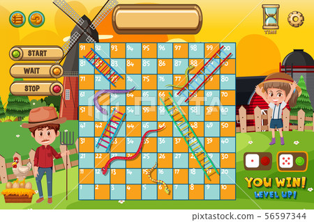 Snakes and ladders game template with farmer and 56597344