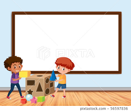 Frame design with board and two boys playing 56597836