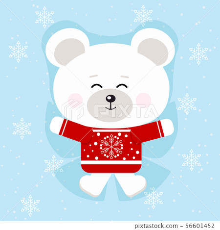 Isolated cute christmas polar bear in red sweater making a snow angel in snow background 56601452
