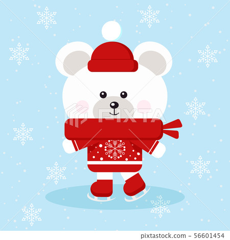 Isolated cute christmas polar bear with red sweater, scarf and hat skates on ice in snow background. 56601454