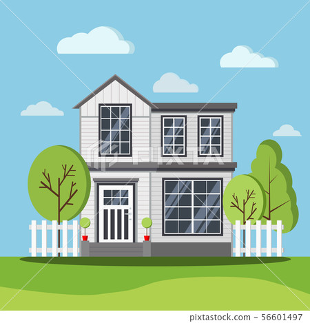 Summer landscape with country house in scandinavian style with fences, trees, clouds 56601497