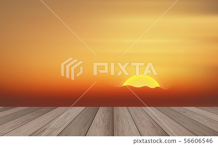 wooden table with sunset background	 wooden table with sunset background	 56606546