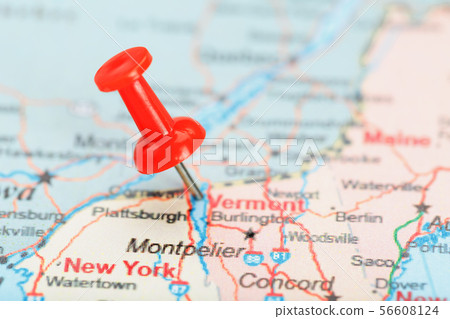 Red clerical needle on a map of USA, South Vermont Red clerical needle on a map of USA, South Vermont 56608124