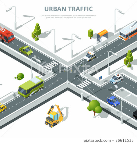City crossroad. Illustrations of urban traffic with different cars. Vector isometric pictures City crossroad. Illustrations of urban traffic with different cars. Vector isometric pictures 56611533
