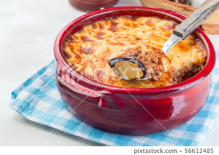 Greek dish moussaka made in a traditional ceramic 56612485