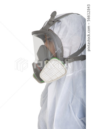 Female officer wearing gas mask and pollution Female officer wearing gas mask and pollution 56612843