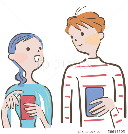 Illustration of a couple having a smartphone and talking with a smile Illustration of a couple having a smartphone and talking with a smile 56613505