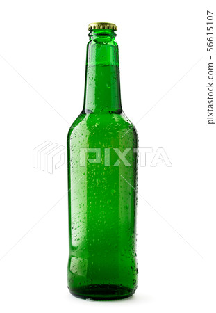 Beer bottle with drops on a white background 56615107