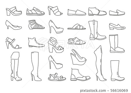 Different shoes for men and women. Vector illustrations in linear style 56616069