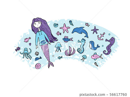 Mermaid and sea set. Vector illustration. 56617760