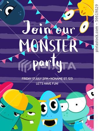 Vector monster party invitation poster with crowd of cute monsters and garlands on stripes Vector monster party invitation poster with crowd of cute monsters and garlands on stripes 56619829
