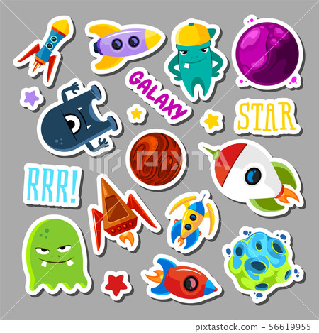 Set of stickers with space objects and monsters. Cartoon vector illustration for children Set of stickers with space objects and monsters. Cartoon vector illustration for children 56619955