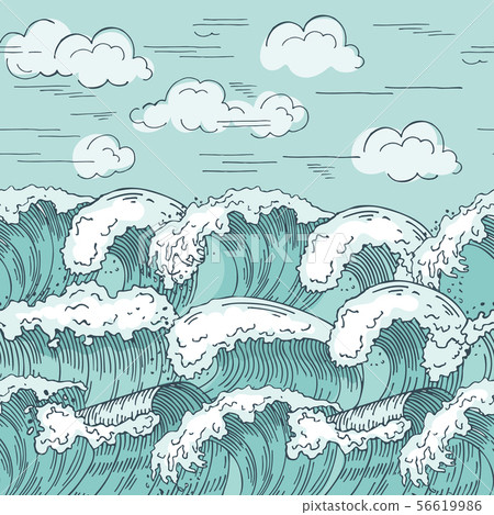Ocean waves seamless pattern. Hand drawn vector... - Stock Illustration ...
