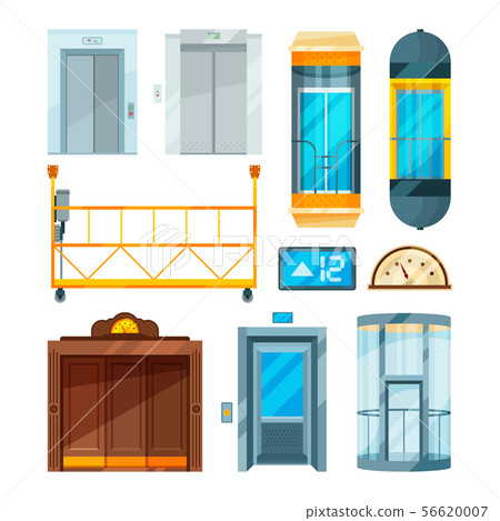 Set of different modern glass elevators. Vector pictures in cartoon style Set of different modern glass elevators. Vector pictures in cartoon style 56620007