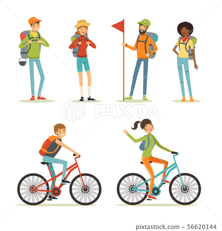 Family tourism. People hiking. Young people travelling. Cartoon illustration of camping Family tourism. People hiking. Young people travelling. Cartoon illustration of camping 56620144
