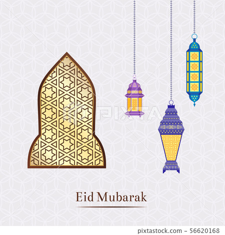 Vector Ramadan illustration with hanging lanterns and arabic motif window 56620168