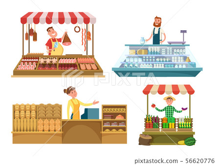 Local markets. Fresh farm foods, meat, bakery and milk. Shopping places isolated on white background 56620776