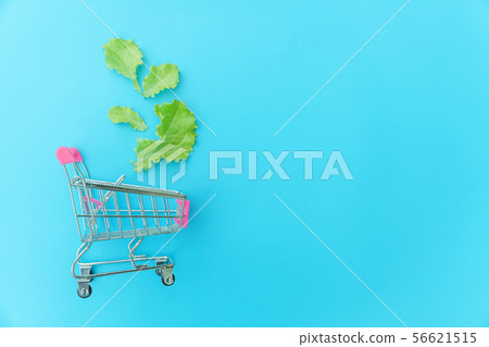 Small supermarket grocery push cart for shopping with green lettuce leaves isolated on blue pastel 56621515