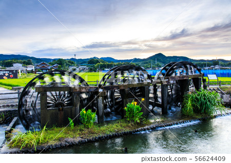 Asakura Triple watermill large mural in operation Morning landscape [Asakura City, Fukuoka Prefecture] 56624409
