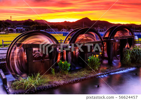 Asakura Triple watermill large mural in operation before dawn [Asakura City, Fukuoka Prefecture] 56624457