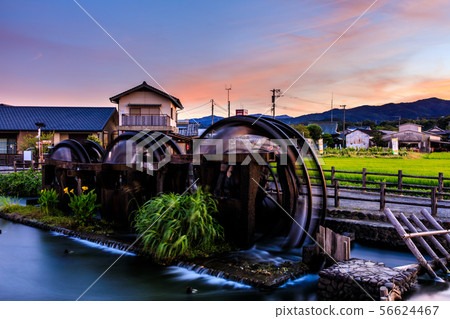 Asakura Triple watermill large mural in operation before dawn [Asakura City, Fukuoka Prefecture] 56624467