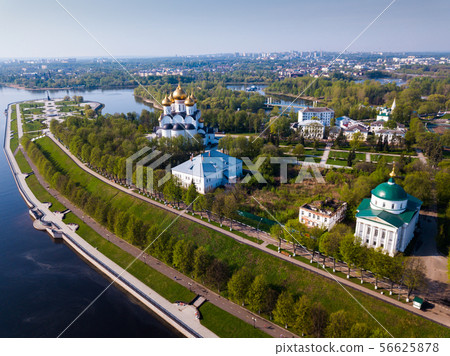 Panoramic aerial view of district of Yaroslavl at quay of Volga river Panoramic aerial view of district of Yaroslavl at quay of Volga river 56625878