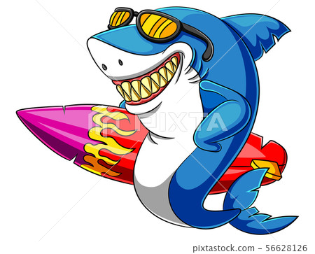 A shark cartoon with eyeglasses carrying surfboard 56628126