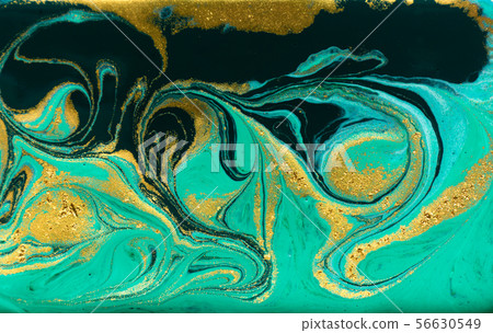 Green and gold marbling pattern. Golden powder marble liquid texture. Green and gold marbling pattern. Golden powder marble liquid texture. 56630549