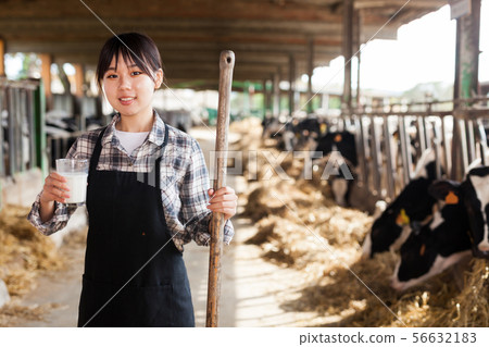 Cheerful woman is holding glass of milk at the cow farm Cheerful woman is holding glass of milk at the cow farm 56632183