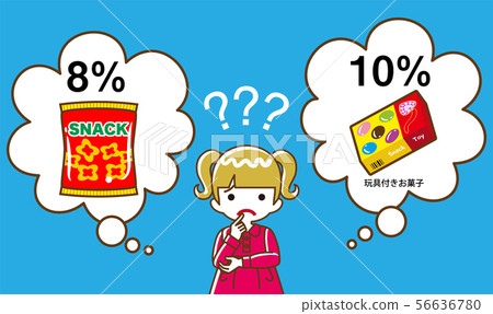 Reduction of consumption tax A young girl who has doubts about the tax rate Sweets and sweets with toys line drawing Reduction of consumption tax A young girl who has doubts about the tax rate Sweets and sweets with toys line drawing 56636780