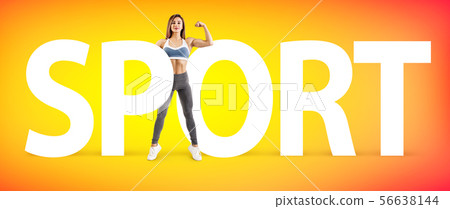 Creative collage of muscular athletic woman with the big word SPORT. 56638144