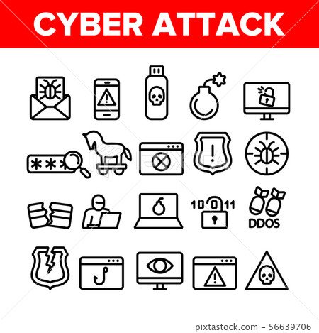 Collection Cyber Attack Elements Icons Set Vector - Stock Illustration ...