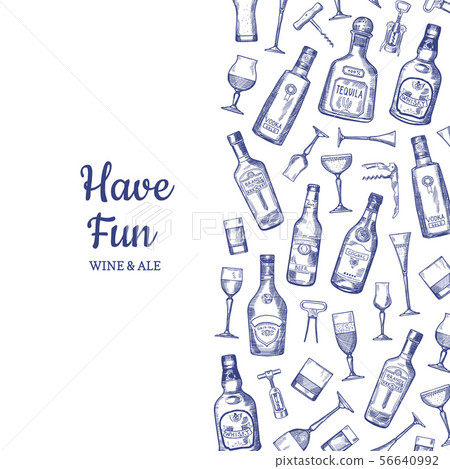 Vector hand drawn alcohol drink bottles and glasses background illustration with place for text 56640992
