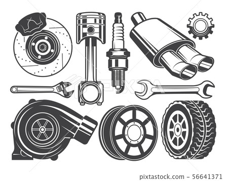 Monochrome pictures of engine, turbocharger cylinder and other automobile tools Monochrome pictures of engine, turbocharger cylinder and other automobile tools 56641371