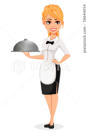Happy blonde waitress holds domed tray Happy blonde waitress holds domed tray 56644054