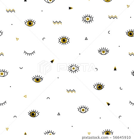 Memphis pattern with psychedelic golden eyes and geometric shapes. Fashion background in 90s 80s 56645910