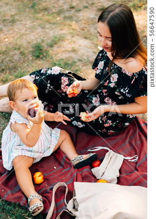 Zero waste summer picnic on the with peaches. Eco friendly parenting. Natural counscious lifestyle 56647590