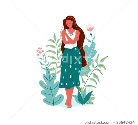 Love yourself vector illustration. Smiling woman hug herself. Body care design concept. Floral 56648424